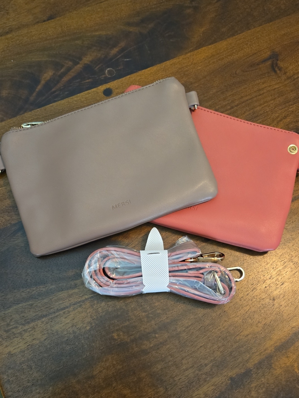 MERSI Two-Piece Leather Crossbody Set in Taupe & Coral
